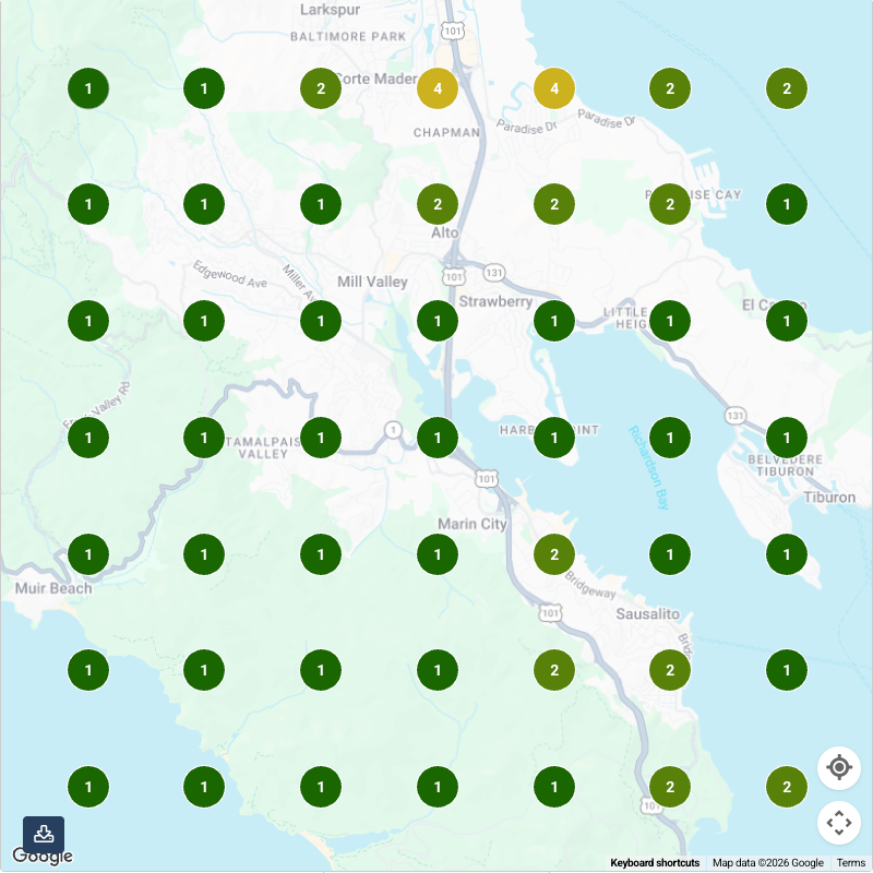 A map of southern Marin County with a 7 by 7 grid of ranking markers. Almost every marker reads 1, a handful read 2, and two near Corte Madera read 4.